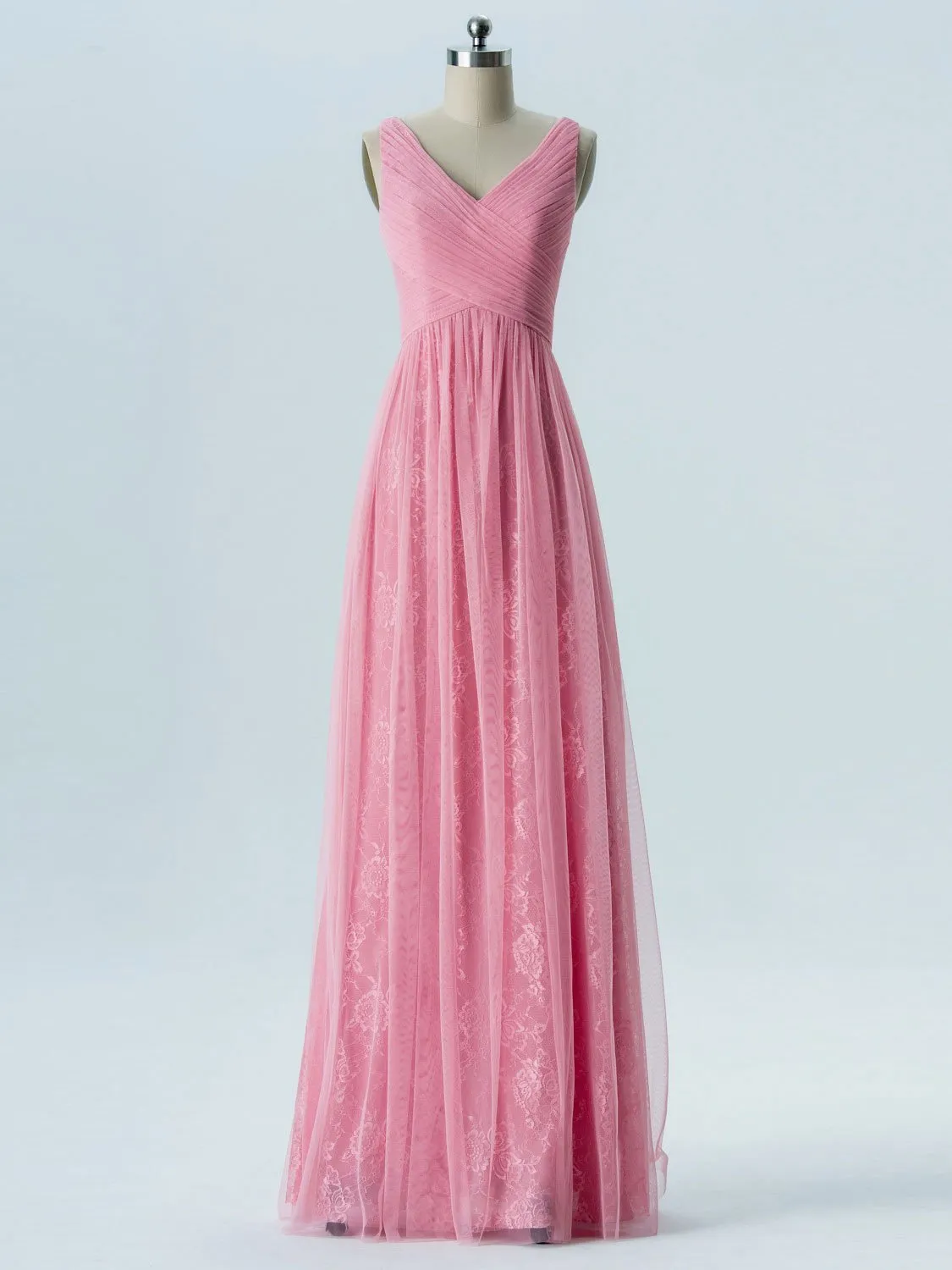 V Neck Pink Lace Cheap Long Bridesmaid Dresses Online, WGY0317