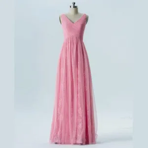 V Neck Pink Lace Cheap Long Bridesmaid Dresses Online, WGY0317