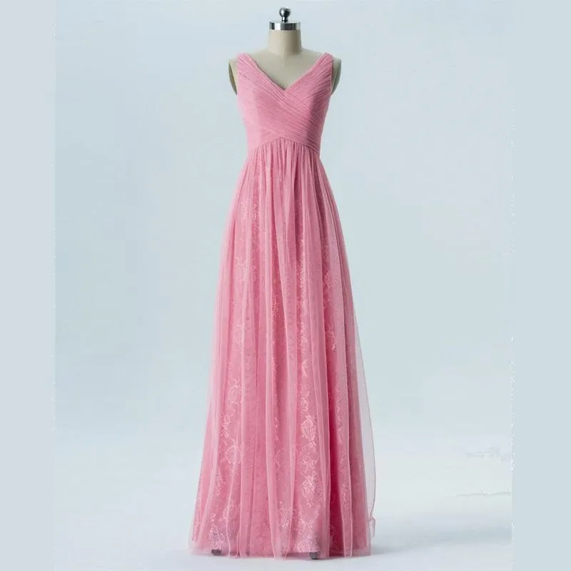 V Neck Pink Lace Cheap Long Bridesmaid Dresses Online, WGY0317