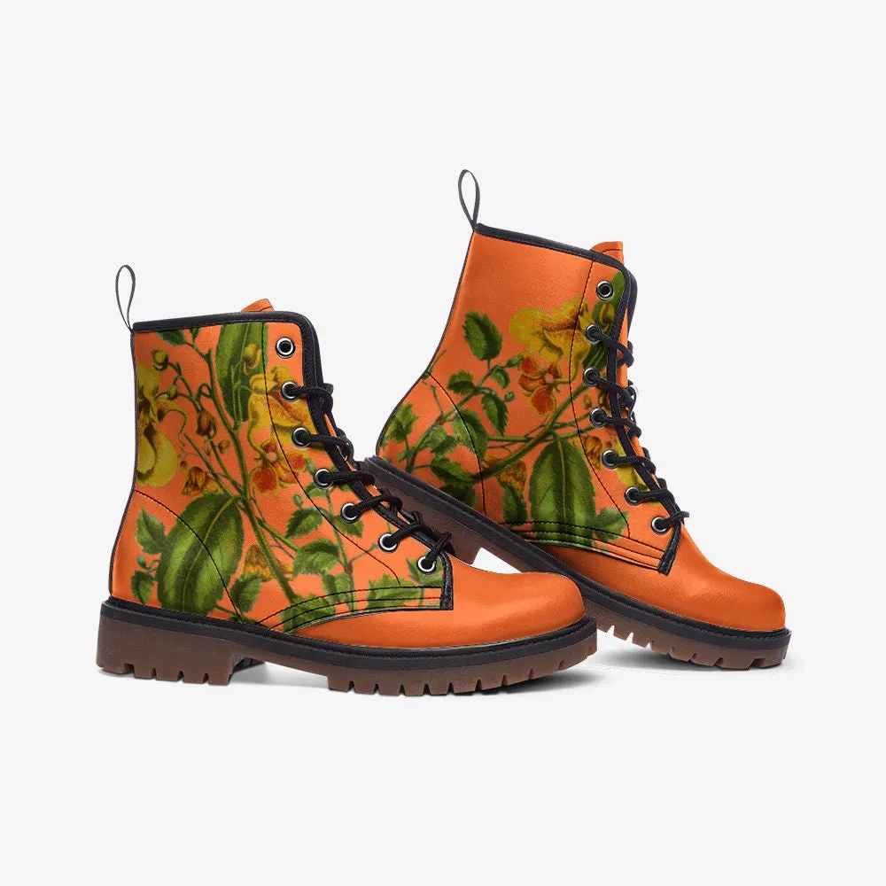 Vintage Flowers Orange Vegan Leather Unisex Boots