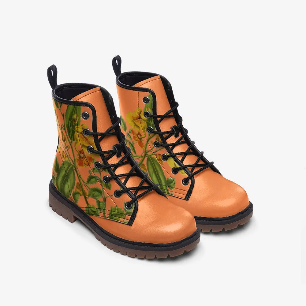 Vintage Flowers Orange Vegan Leather Unisex Boots