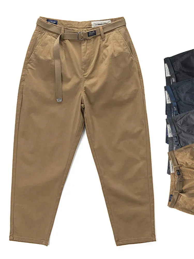 Washed 100% Cotton Woven Tapered Cargo Pants - Men's Fashion Casual Loose Straight Trousers with Belt