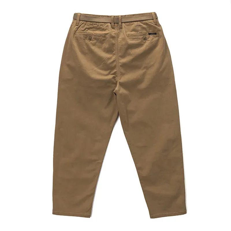 Washed 100% Cotton Woven Tapered Cargo Pants - Men's Fashion Casual Loose Straight Trousers with Belt