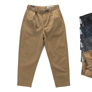 Washed 100% Cotton Woven Tapered Cargo Pants - Men's Fashion Casual Loose Straight Trousers with Belt