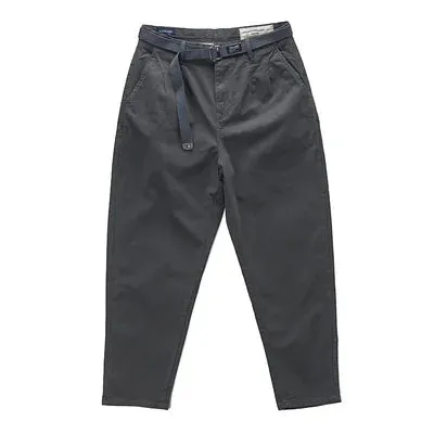 Washed 100% Cotton Woven Tapered Cargo Pants - Men's Fashion Casual Loose Straight Trousers with Belt