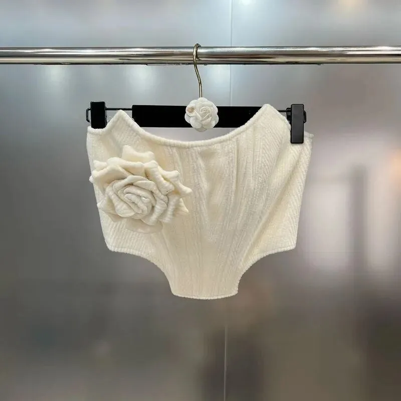 White Coat, Straight Pants , Large Flower Strapless Top