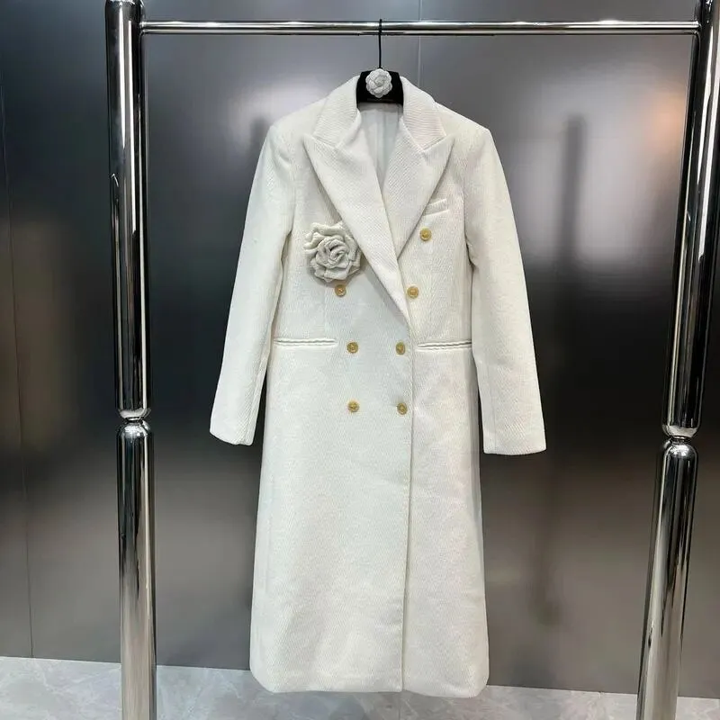 White Coat, Straight Pants , Large Flower Strapless Top
