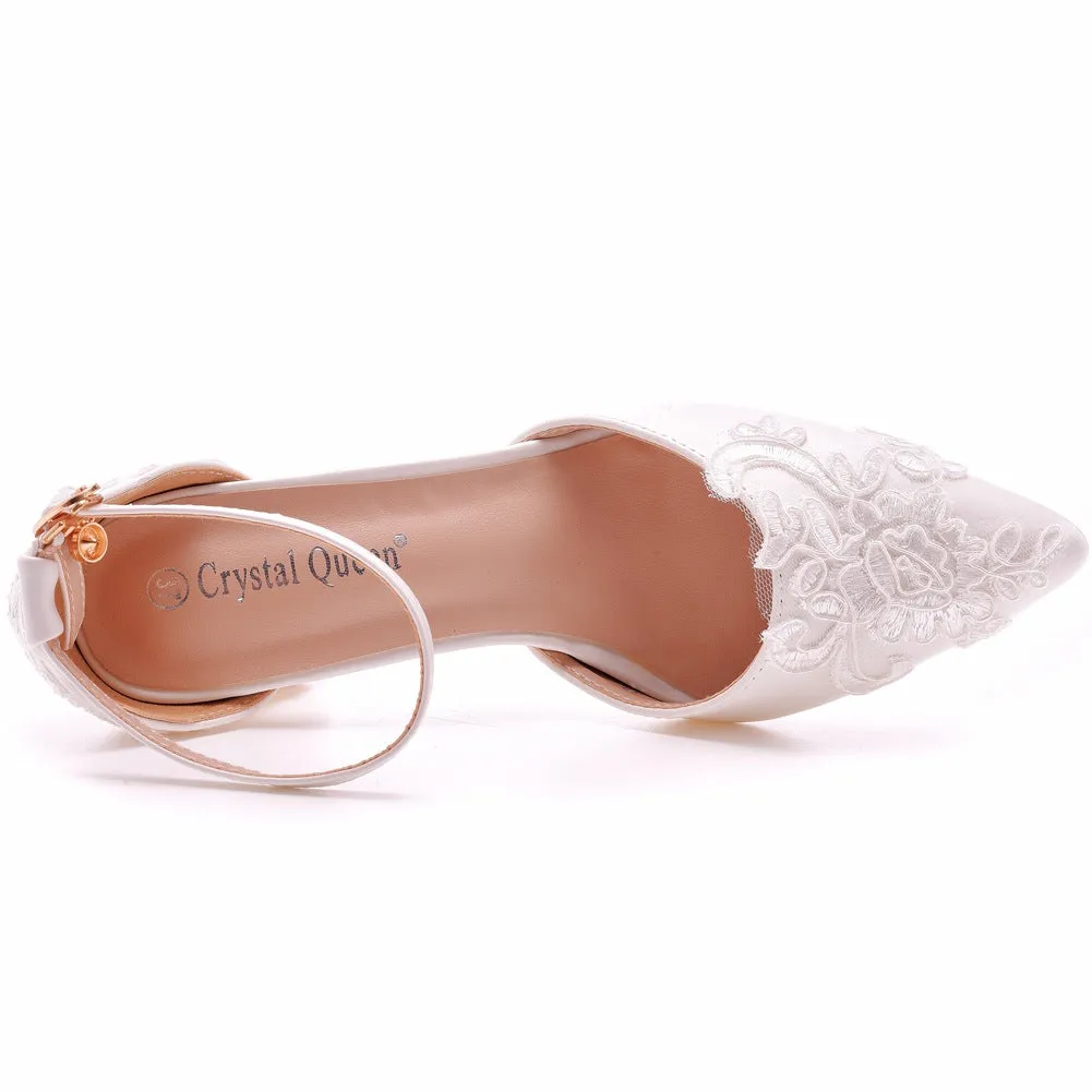 White Pointed Toe Lace Ankle Strap Chunky Heel