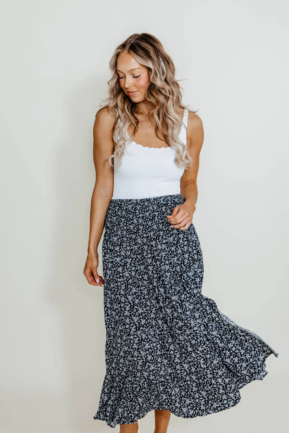 Wishlist Floral Midi Skirt with Slide Slit for Women in Blue | WL21-6290