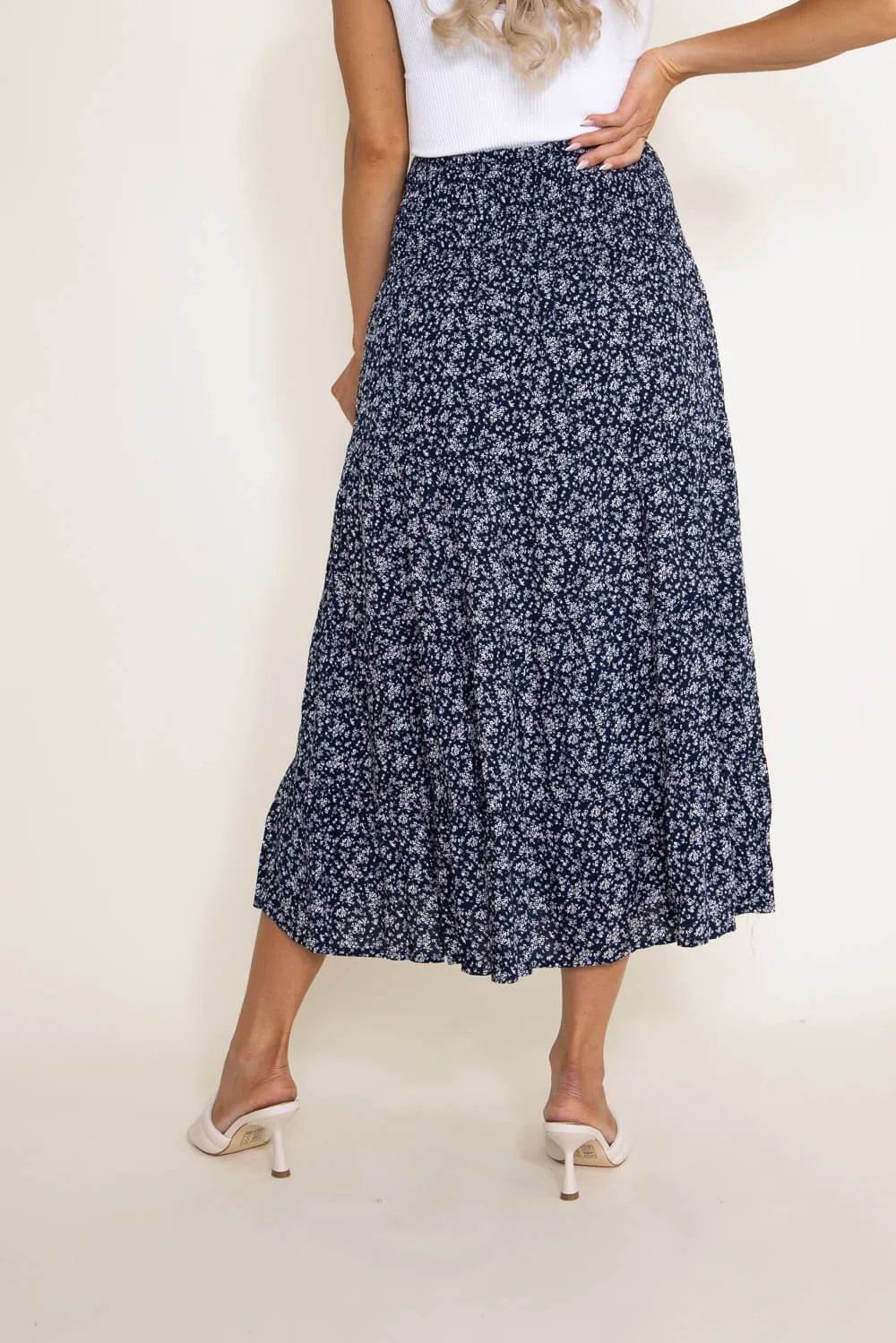 Wishlist Floral Midi Skirt with Slide Slit for Women in Blue | WL21-6290