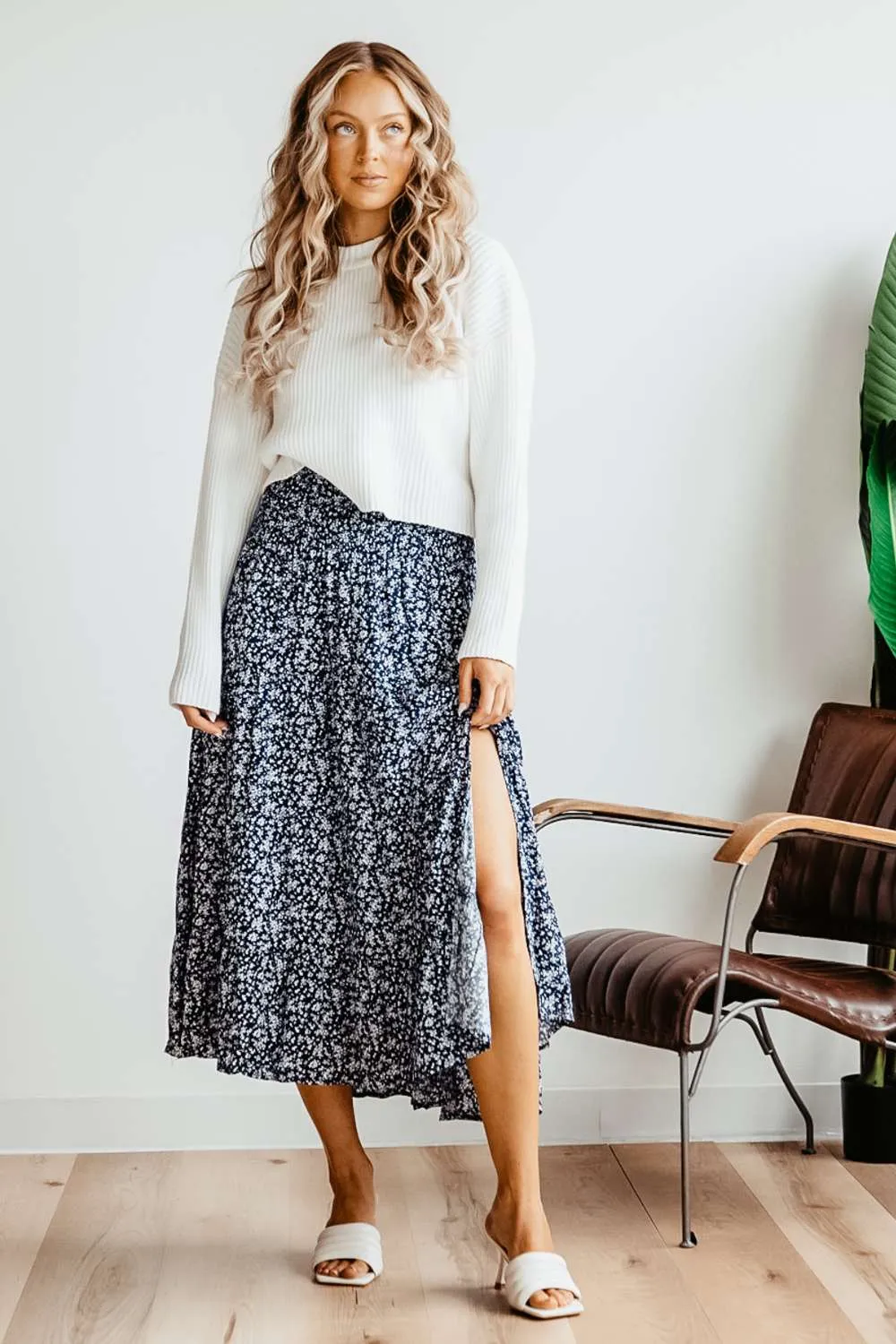 Wishlist Floral Midi Skirt with Slide Slit for Women in Blue | WL21-6290