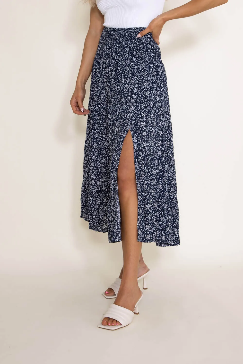 Wishlist Floral Midi Skirt with Slide Slit for Women in Blue | WL21-6290