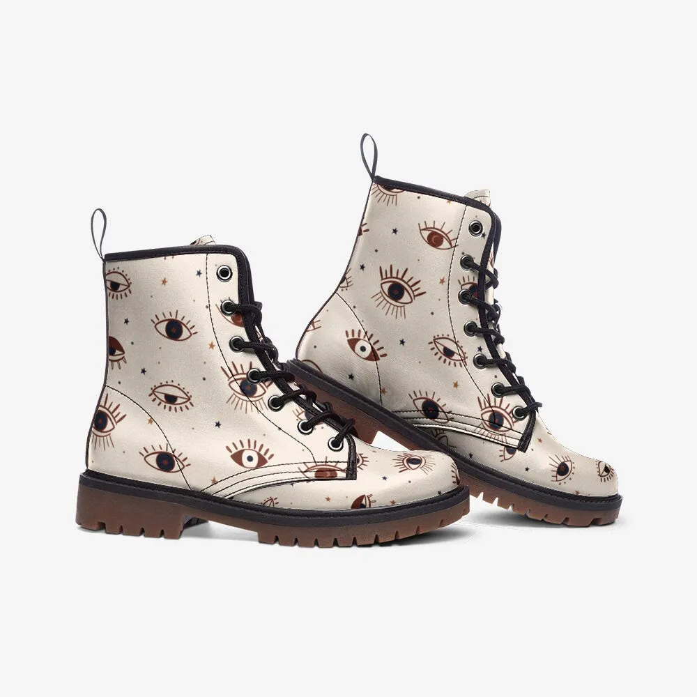 Witchy Eye Beige Vegan Leather Unisex Boots