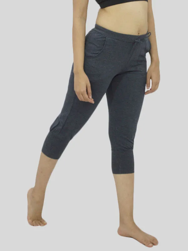 Women Blue-Melange Solid Capri- HOP SPORTS CAPRI-BL-ML