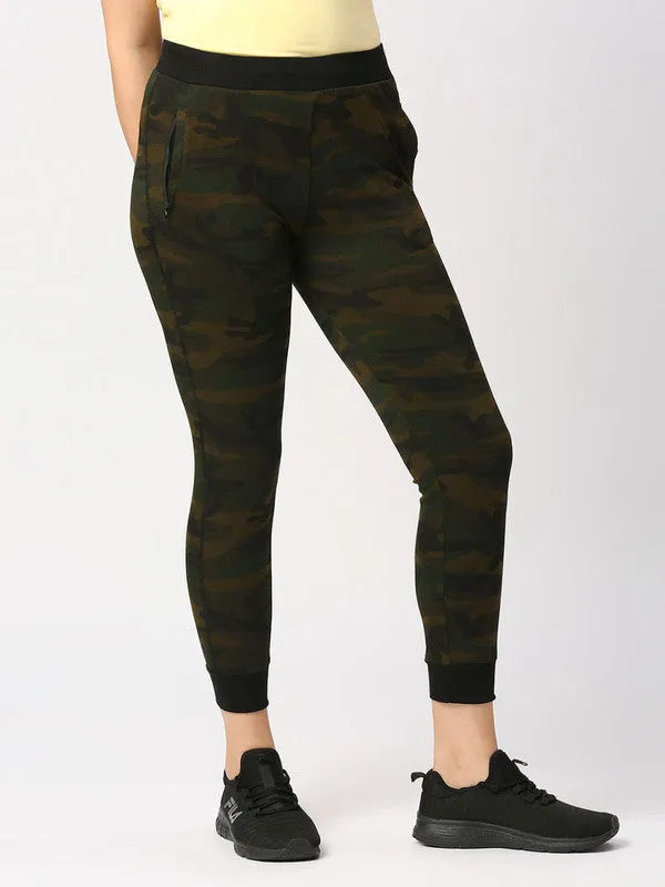 Women Olive Green Camo Printed Track Pants & Joggers - ZIP TRACK-PRINT CAMO-OG