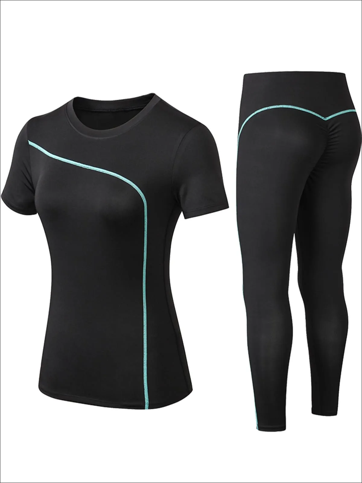 Women's Black Contrast Piping Workout Top & Leggings Set