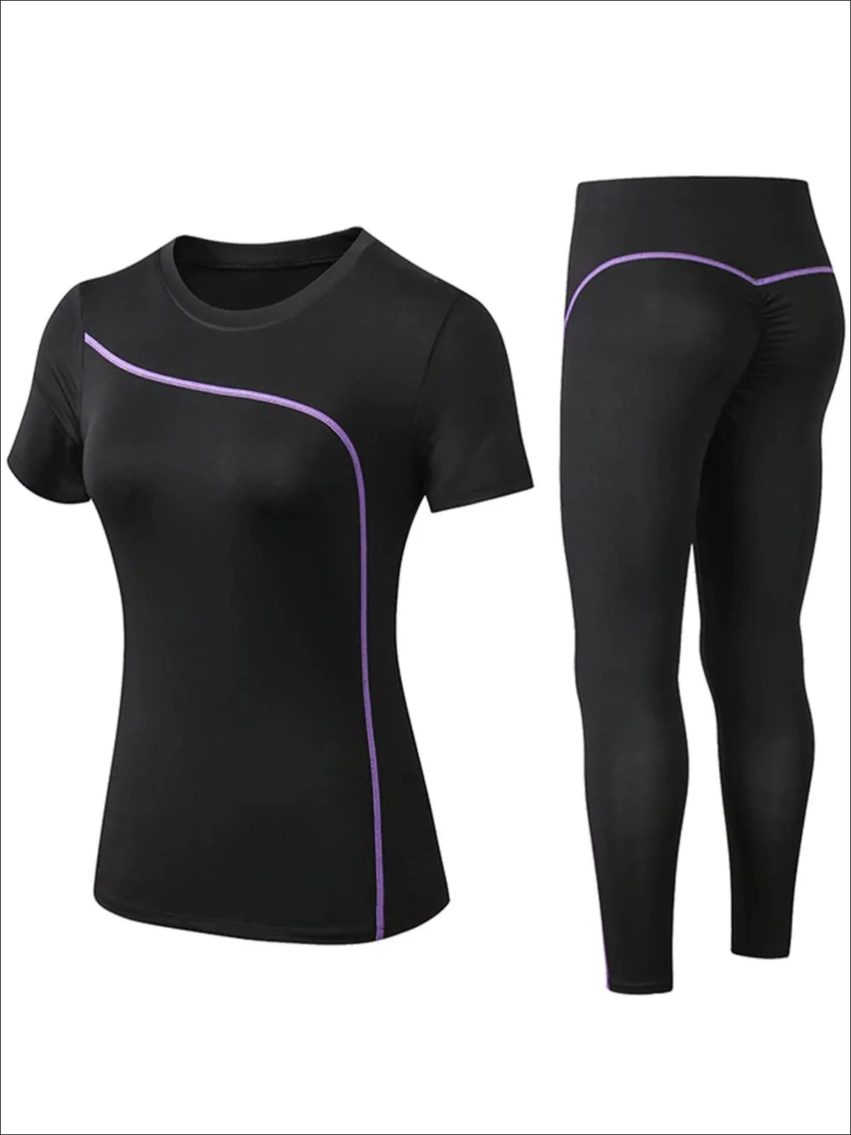 Women's Black Contrast Piping Workout Top & Leggings Set