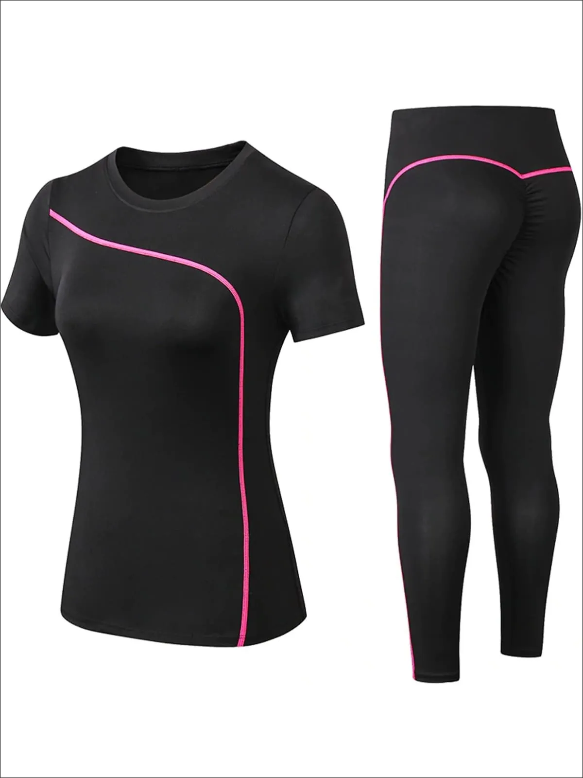 Women's Black Contrast Piping Workout Top & Leggings Set