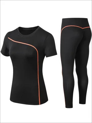 Women's Black Contrast Piping Workout Top & Leggings Set