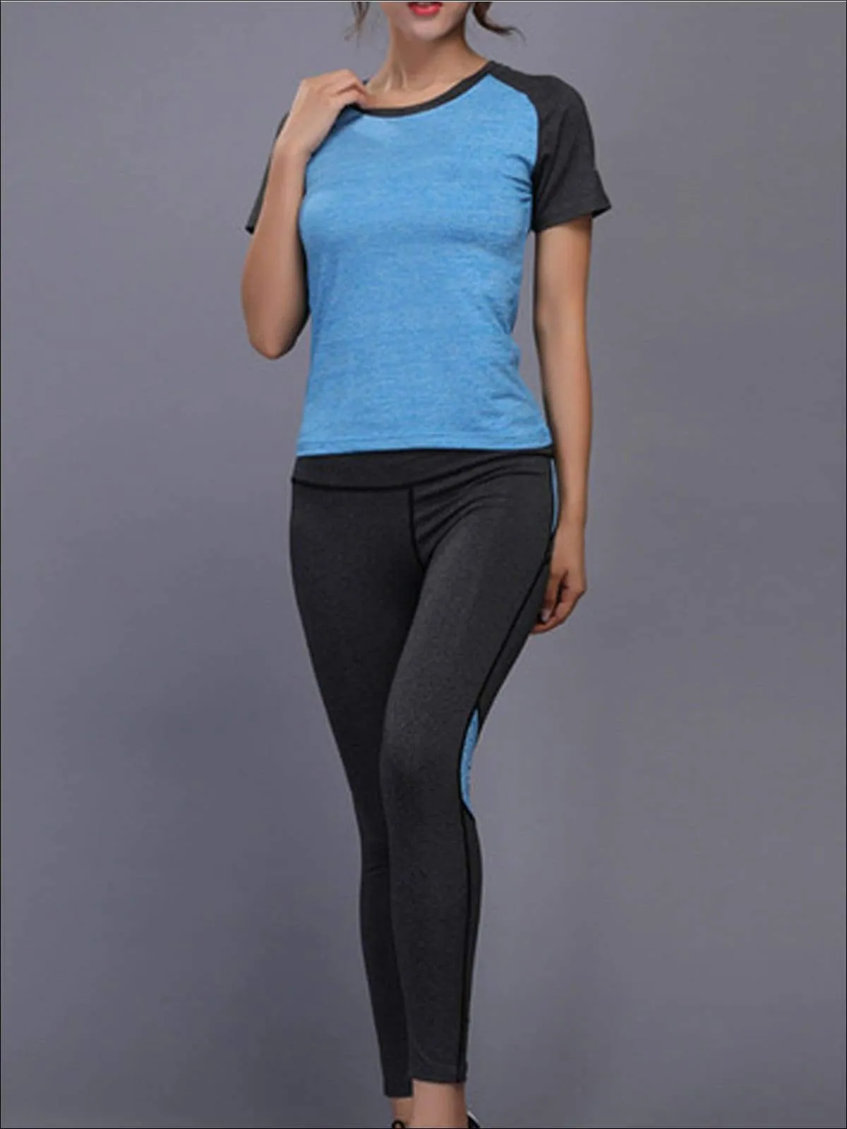 Women's Contrast Panel Workout Top & Leggings Set