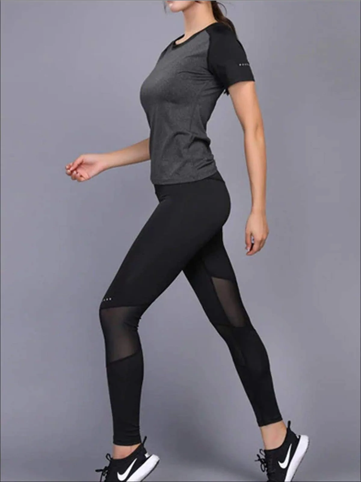Women's Contrast Panel Workout Top & Leggings Set