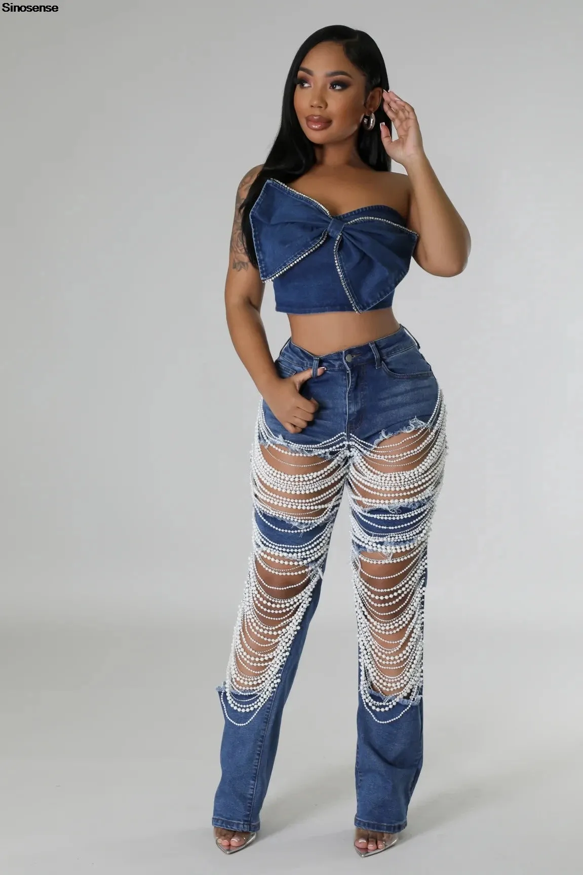 Women's Destroyed Ripped Hole Denim Pants Pearl Rhinestones Chain Distressed Slim Fit Skinny Jeans Y2K Night Club Party Jeans