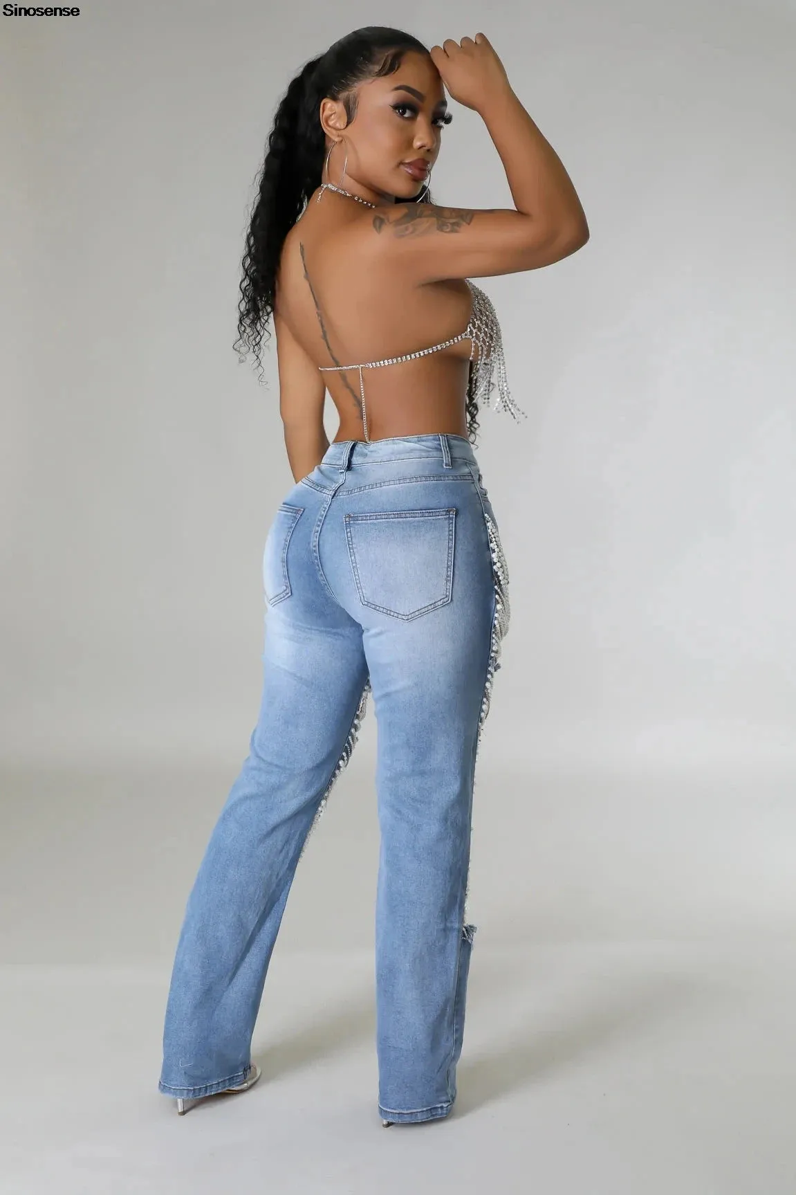 Women's Destroyed Ripped Hole Denim Pants Pearl Rhinestones Chain Distressed Slim Fit Skinny Jeans Y2K Night Club Party Jeans