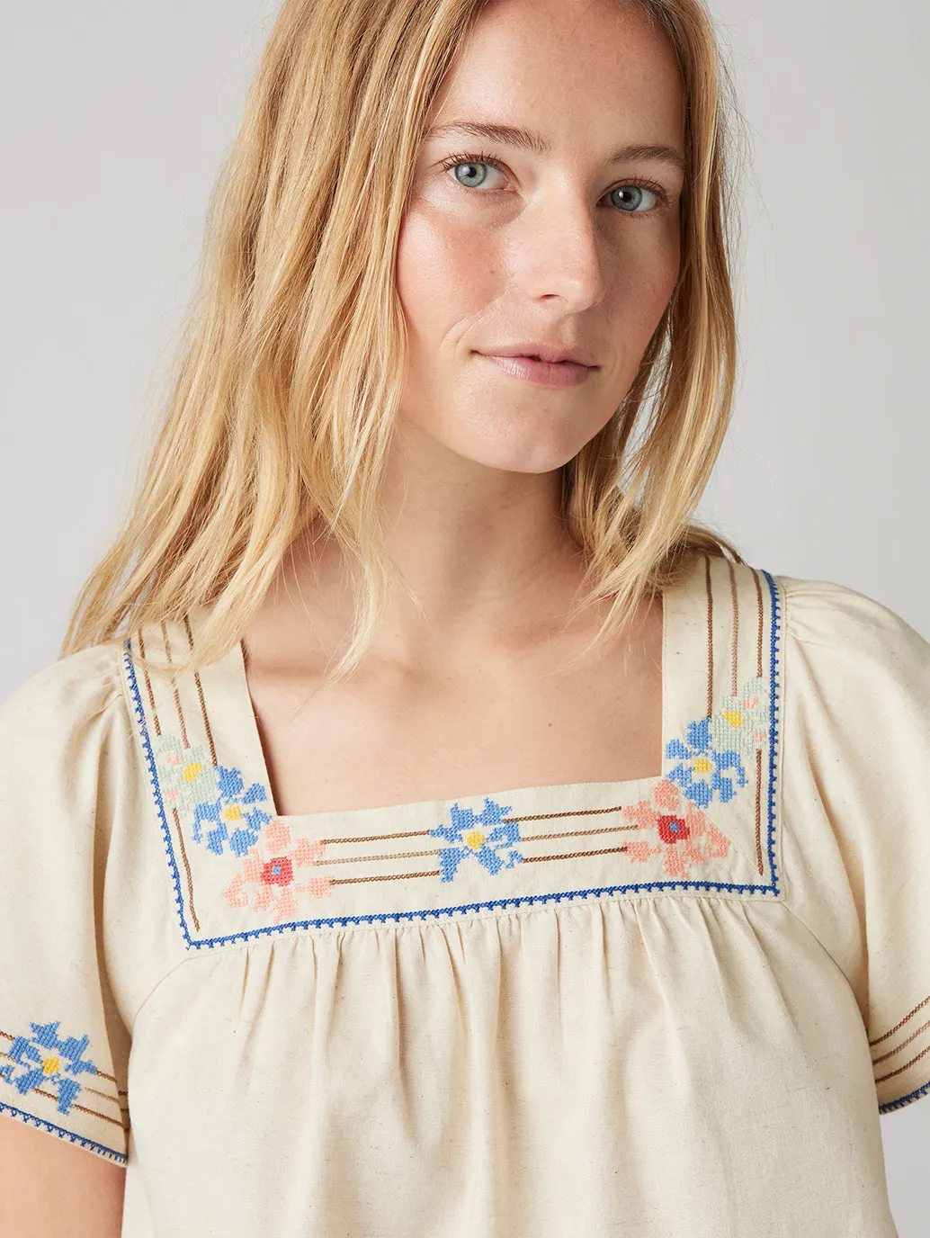 Women's Embroidered Cream Square Neck Top