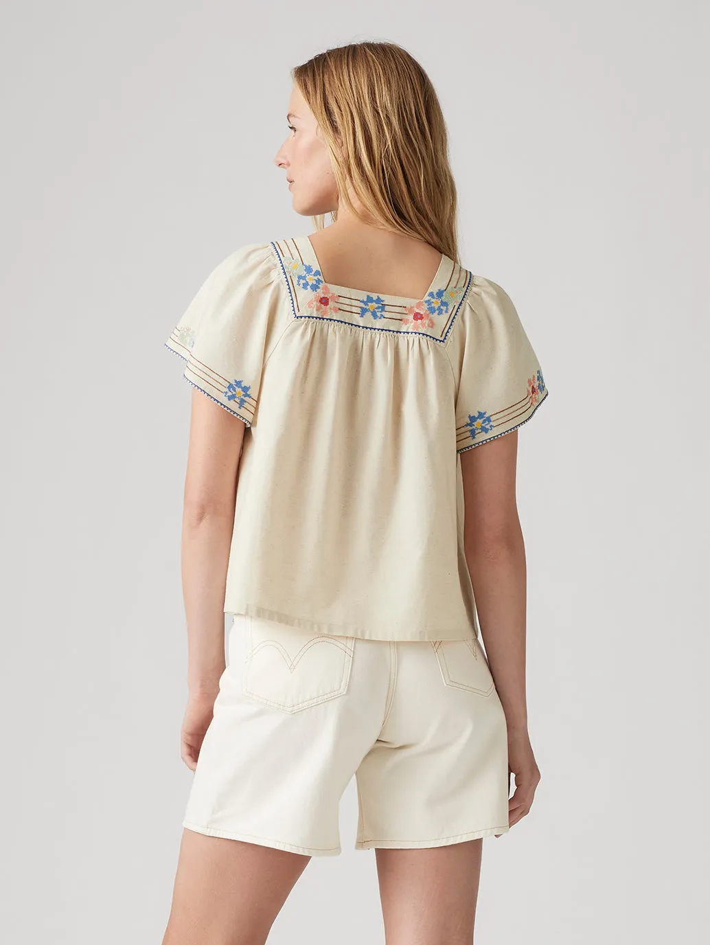 Women's Embroidered Cream Square Neck Top