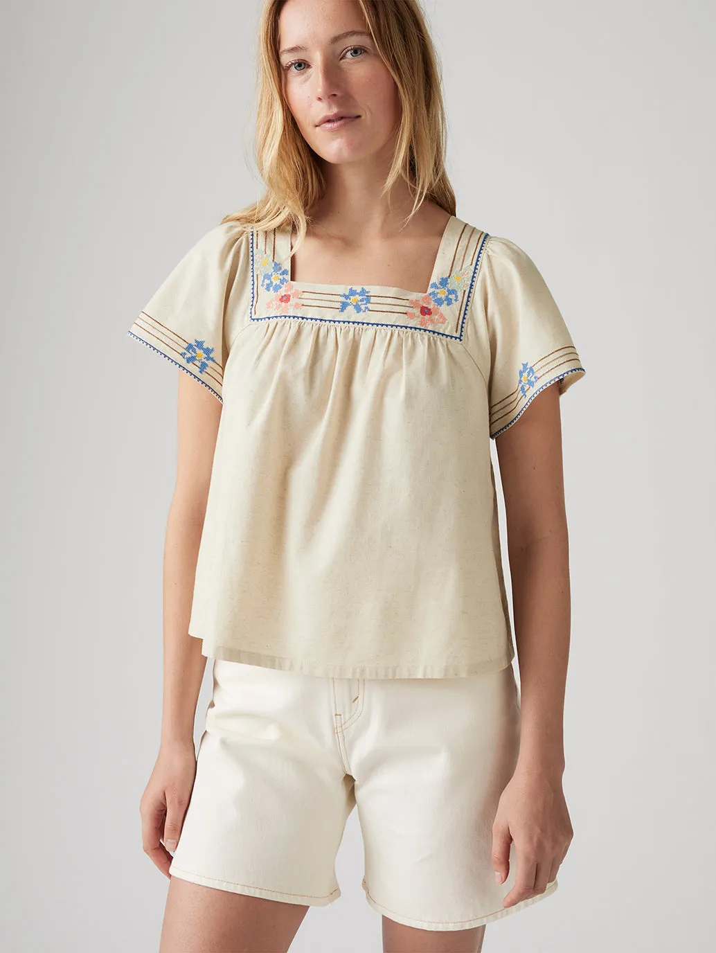 Women's Embroidered Cream Square Neck Top