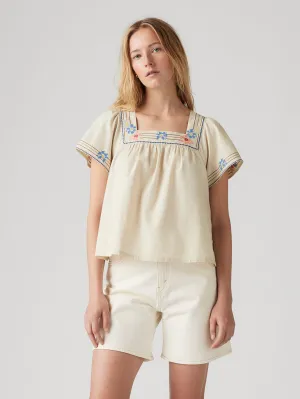 Women's Embroidered Cream Square Neck Top