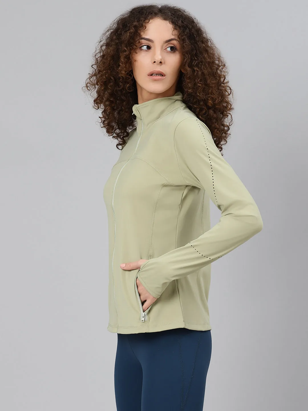 Women's Green Solid Front-Open Active Jacket