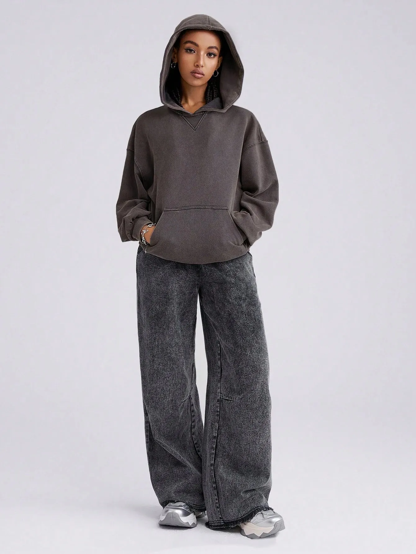 Women's Hooded Drawstring Sweatshirt - Solid Color Long Sleeves