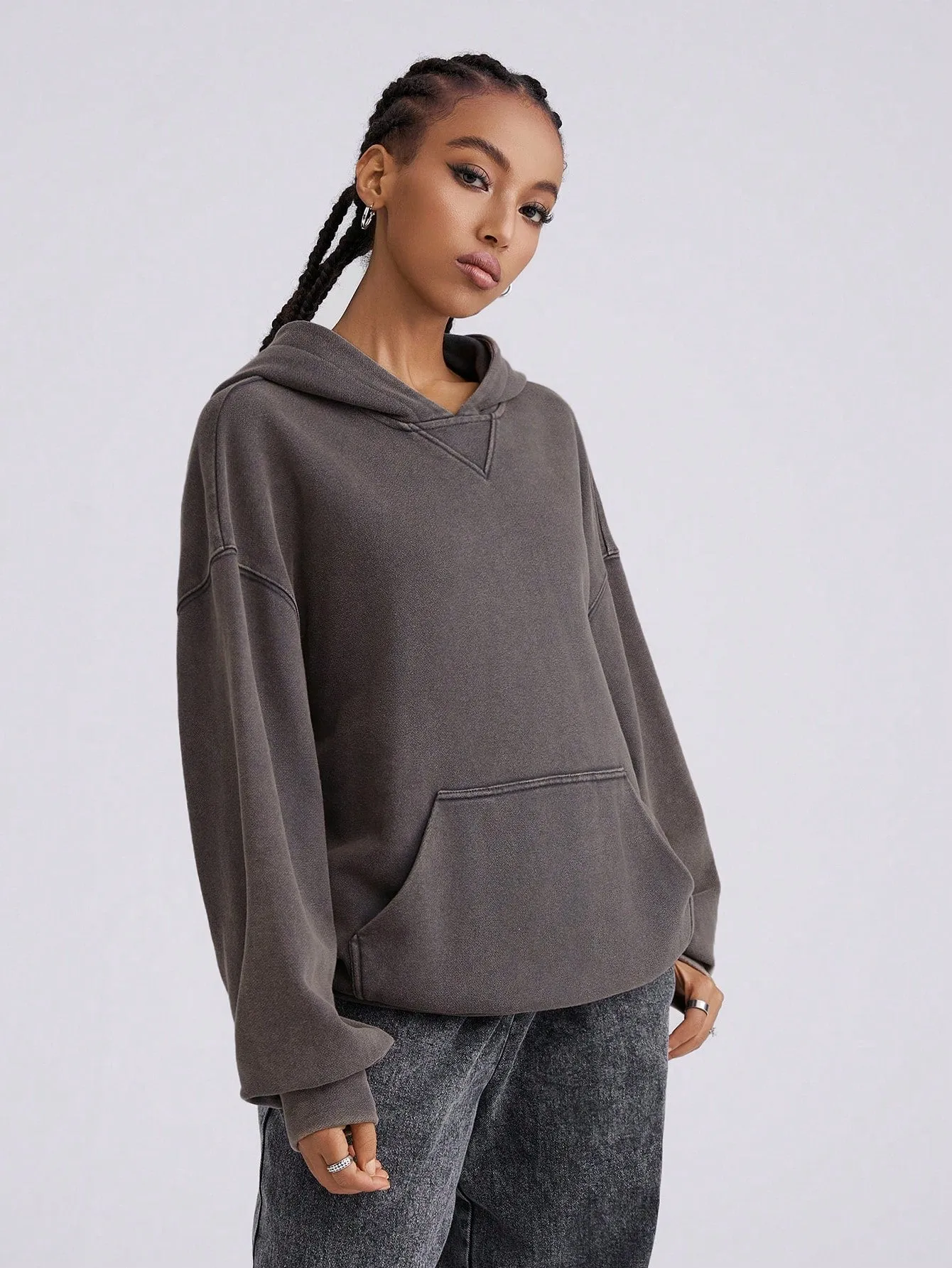 Women's Hooded Drawstring Sweatshirt - Solid Color Long Sleeves