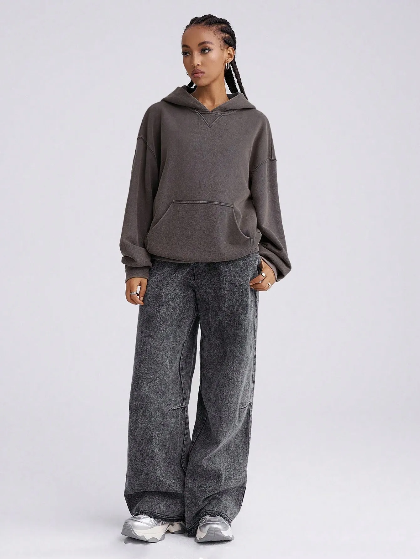 Women's Hooded Drawstring Sweatshirt - Solid Color Long Sleeves