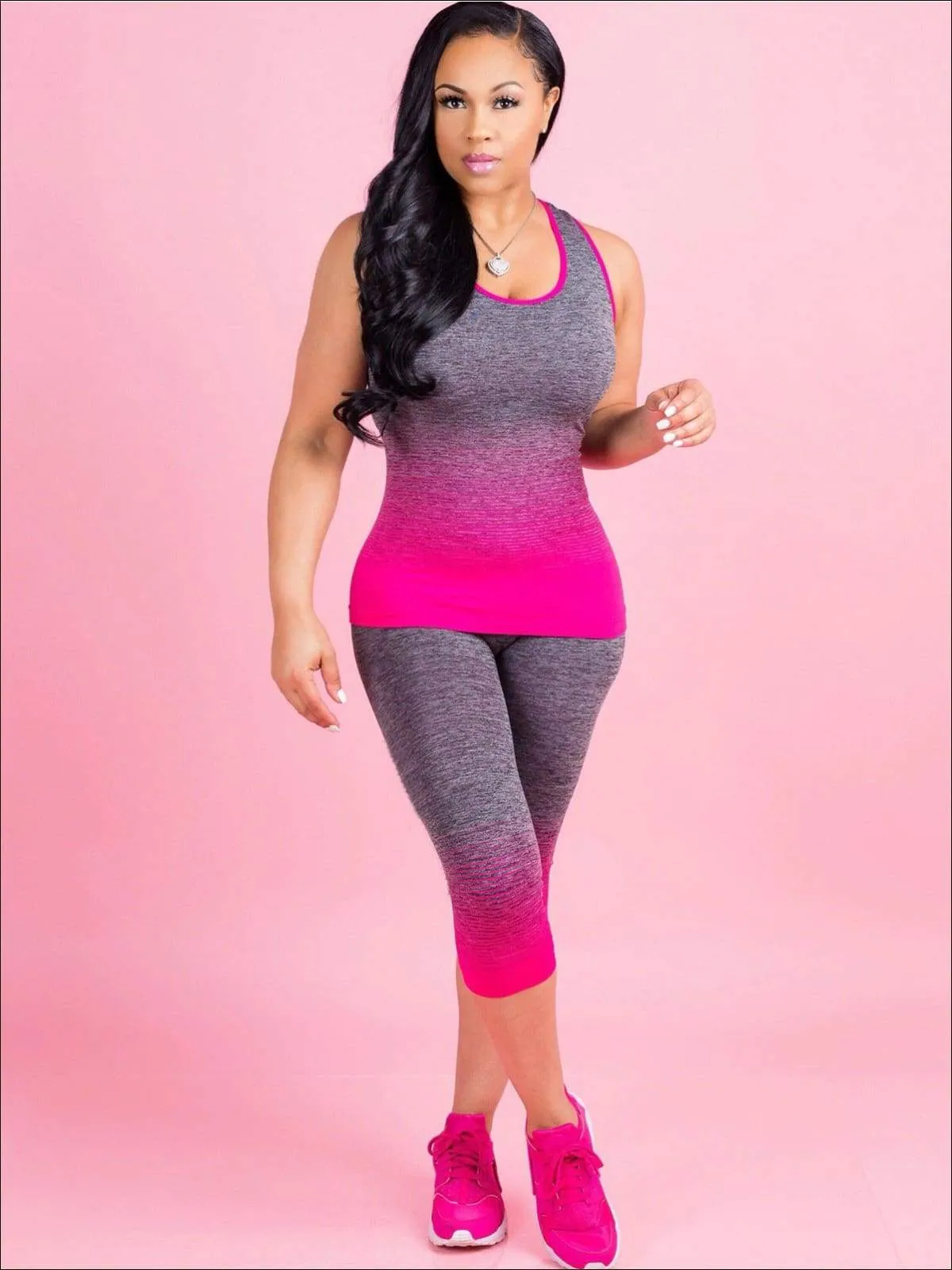 Women's Ombre Sleeveless Workout Top & Capri Leggings Set