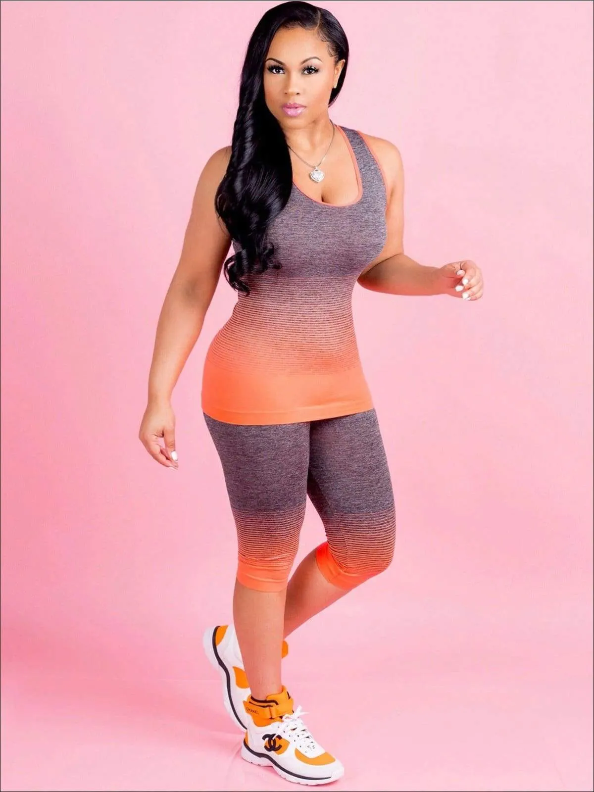 Women's Ombre Sleeveless Workout Top & Capri Leggings Set
