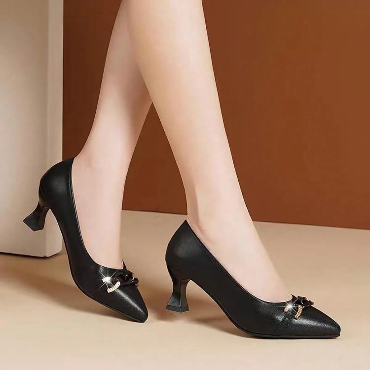 Women's Soft Leather Slip-On High Heel Shoes, 2024 Spring/Autumn Fashionable Versatile Elegant Office Work Pumps