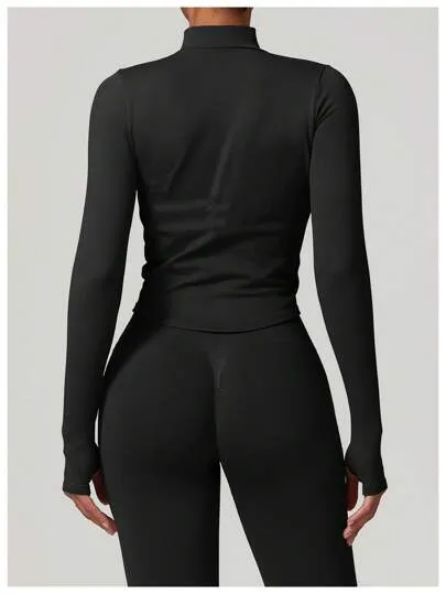 Women’s Standing Collar Zipper Yoga Jacket – Tight Fit, Quick-Dry Sports Top
