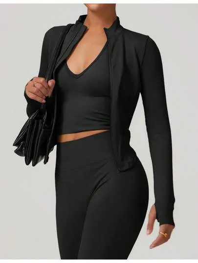 Women’s Standing Collar Zipper Yoga Jacket – Tight Fit, Quick-Dry Sports Top