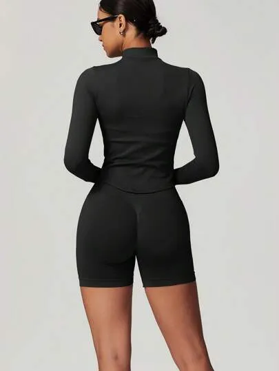 Women’s Standing Collar Zipper Yoga Jacket – Tight Fit, Quick-Dry Sports Top