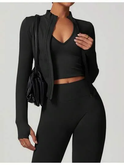 Women’s Standing Collar Zipper Yoga Jacket – Tight Fit, Quick-Dry Sports Top