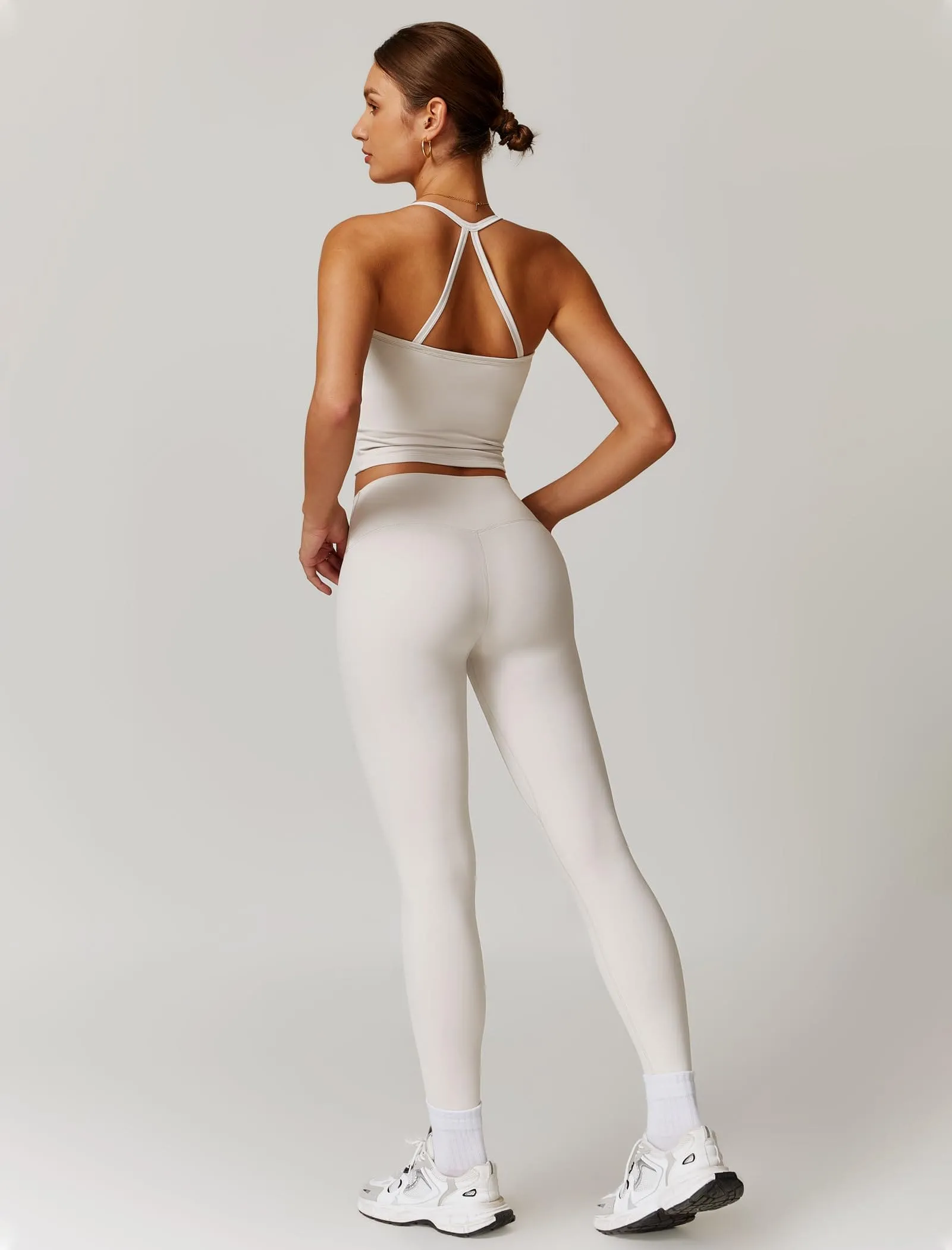 Womens Workout Sets Two Piece Seamless Stretch Cross Back Tank Top Matching Tummy Control High Waist Leggings Set 2 Piece For Women Gym Yoga Active Wear Outfits Athletic Work Out Clothes Light Grey