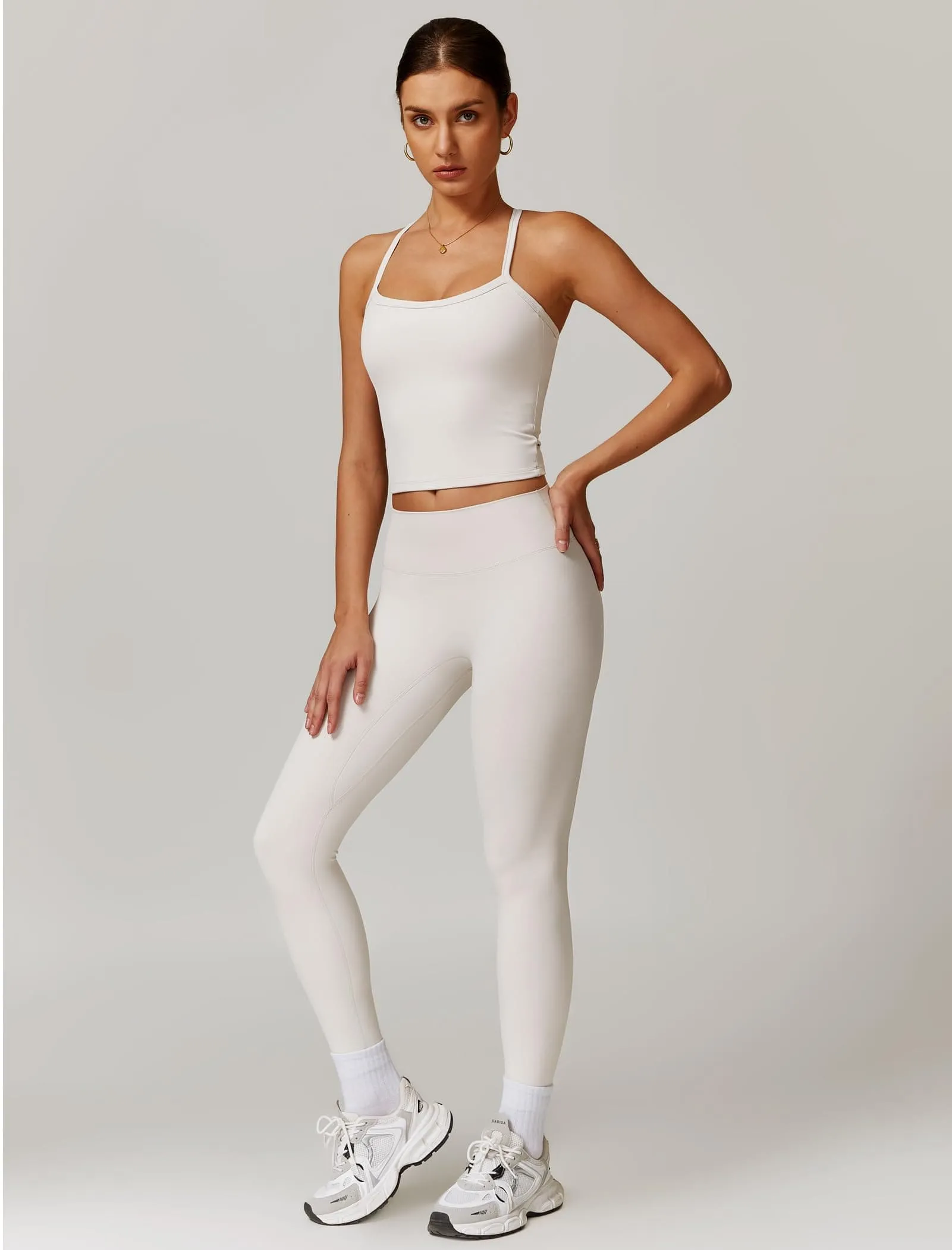 Womens Workout Sets Two Piece Seamless Stretch Cross Back Tank Top Matching Tummy Control High Waist Leggings Set 2 Piece For Women Gym Yoga Active Wear Outfits Athletic Work Out Clothes Light Grey