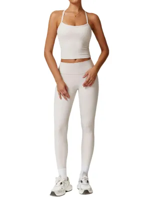 Womens Workout Sets Two Piece Seamless Stretch Cross Back Tank Top Matching Tummy Control High Waist Leggings Set 2 Piece For Women Gym Yoga Active Wear Outfits Athletic Work Out Clothes Light Grey